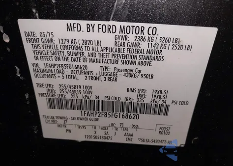 2015 Ford Taurus Limited z USA, uszkodzony, nr VIN 1FAHP2F85FG168620